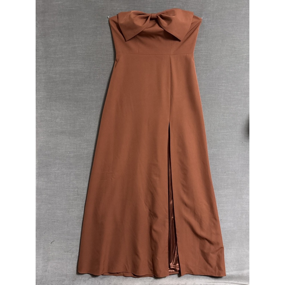 Revelry Gown 14 Brown Strapless Bow Lace Up Back‎ Slit Formal Evening Maxi Long